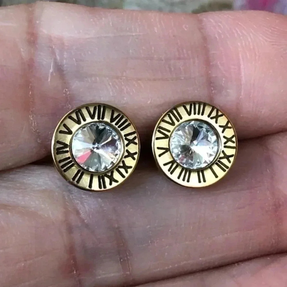 Gold Roman Numerals Designer Style AAA Zircon Stud Earrings NWT